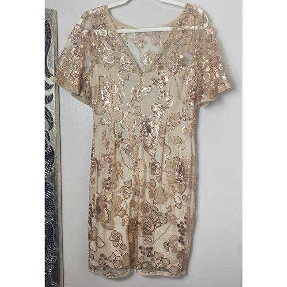 NWT ADRIANNA PAPELL DRESS COCKTAIL FLORAL SEQUIN SHEATH GOLD EMBROIDERED SHORT - Picture 3 of 12